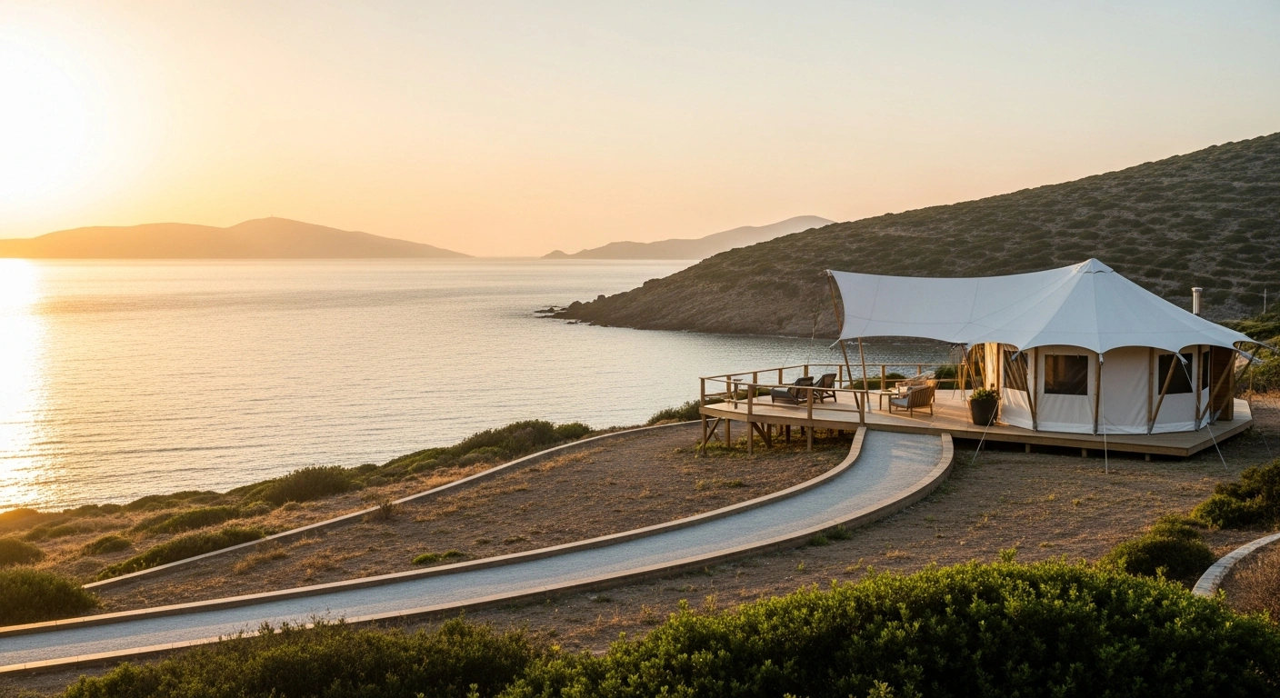 A luxurious, sustainably designed glamping tent on a terraced Greek coastline at sunrise, symbolizing Greece's new Ministry of Tourism regulations for the glamping sector, which focus on sustainable development, high-quality services, and enhanced accessibility for 4-star and 5-star categories.