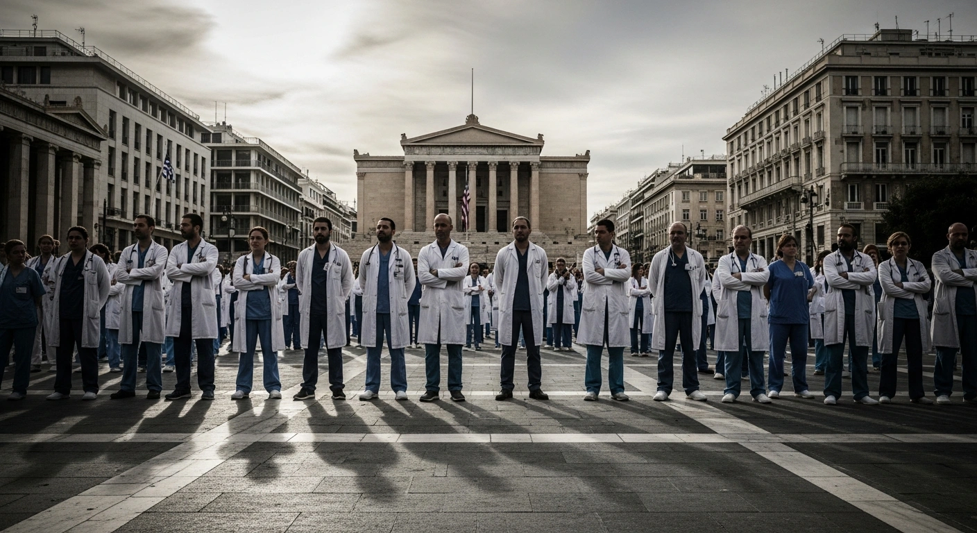 Greek doctors and nurses gather in a city square to protest for better working conditions and reforms to the National Health System.