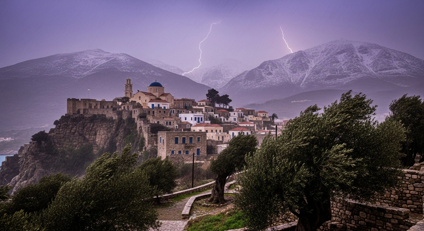 A wide, low-angle cinematic shot depicts a historic Greek coastal village on a cliffside under a bruised purple sky, with torrential rain, gale-force winds, and distant lightning, while snow-dusted mountains loom in the background, illustrating the powerful weather system and Red Code alerts across Greece.