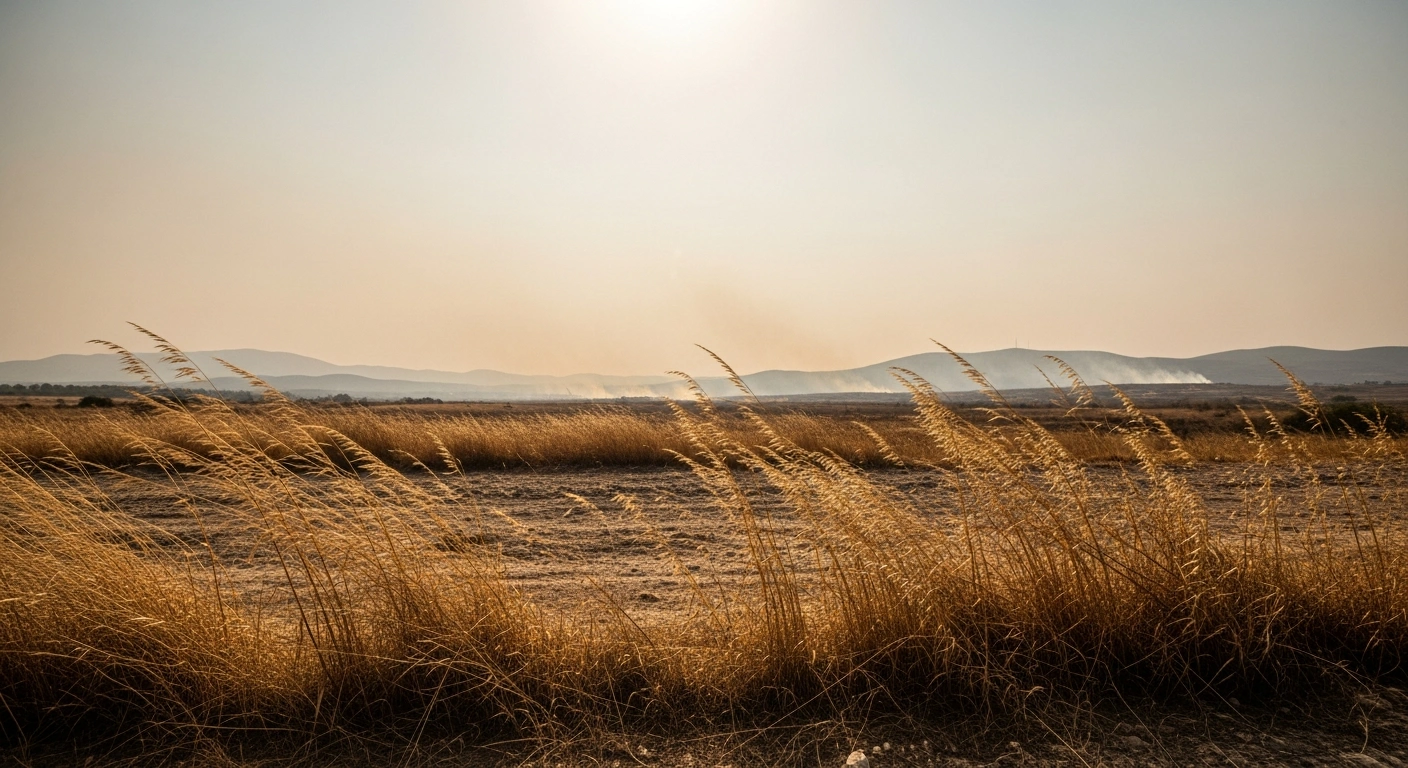 A dry and arid landscape in the Attica region of Greece under a hot sun, representing a high fire risk warning due to strong winds and extreme temperatures.