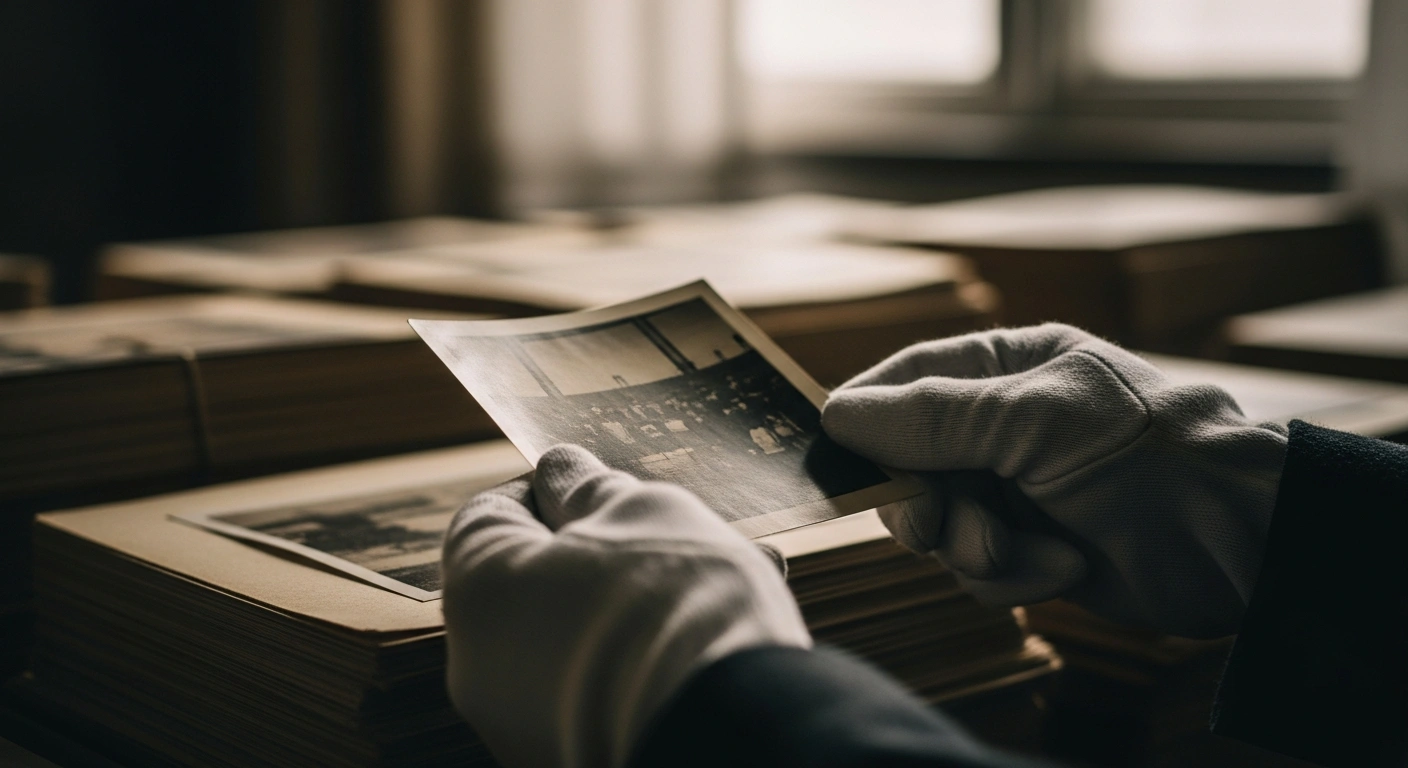 A pair of gloved hands carefully holds a sepia-toned photograph, part of an archive of historic images acquired by Greece, including rare visual evidence of the 1944 Nazi execution of Greek communists in Kaisariani, Athens.