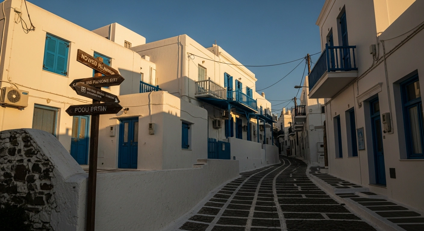 A sunlit street in a historic Greek town illustrates the impact of new spatial planning and zoning regulations aimed at managing housing shortages and overtourism.