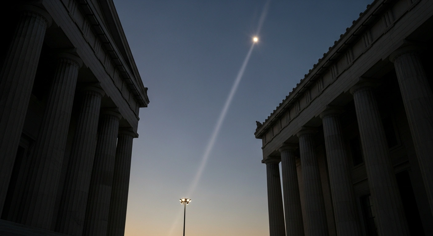 A dramatic low-angle shot of classical Greek columns under a pre-dawn sky, illuminated by a powerful spotlight, symbolizing Greece's new bill to tackle illegal gambling, recover €500 million, and implement stricter penalties and technological surveillance.
