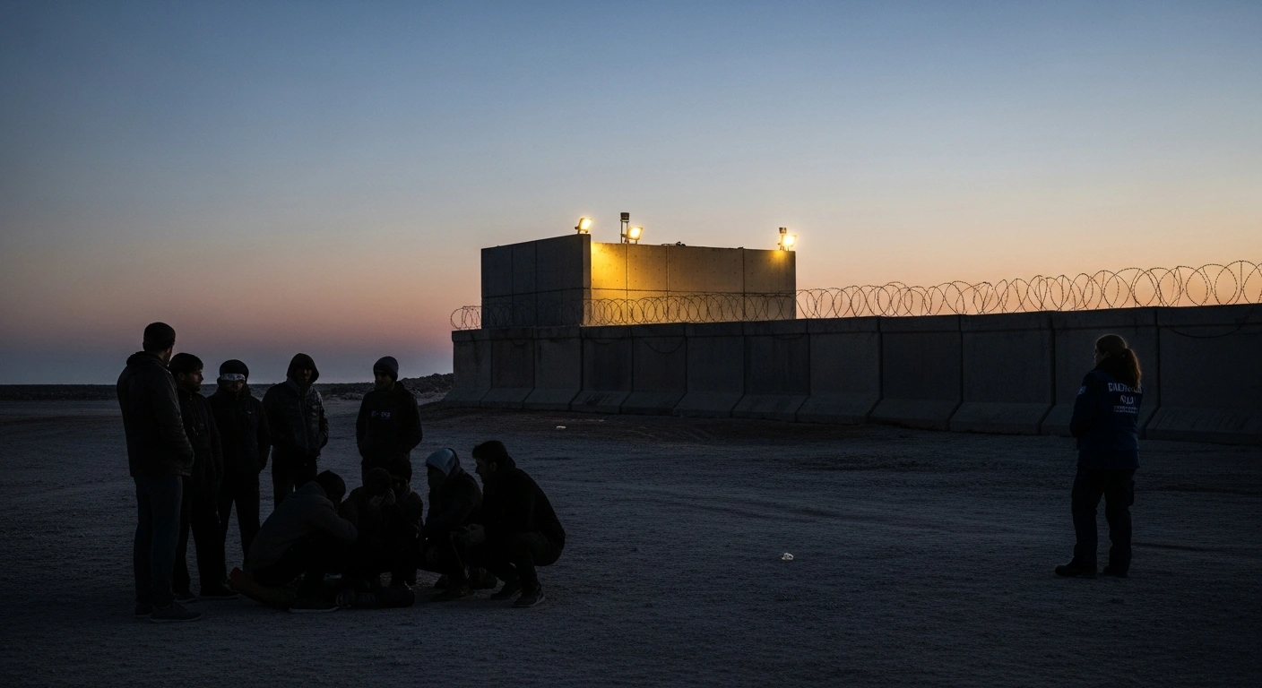 A wide shot captures a small, huddled group of people standing on a desolate plain before a tall concrete barrier, illuminated by harsh floodlights, with a lone, silhouetted figure observing them, reflecting the toughened penalties for migrant trafficking and the targeting of aid workers in new Greek legislation.