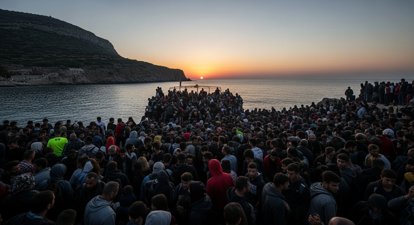 A wide, low-angle shot at pre-dawn shows numerous weary migrants, primarily Egyptian, Sudanese, and Bangladeshi nationals, disembarking from an overcrowded vessel onto a rocky Greek coastline, symbolizing the surge in arrivals to southern Greece from Libya.