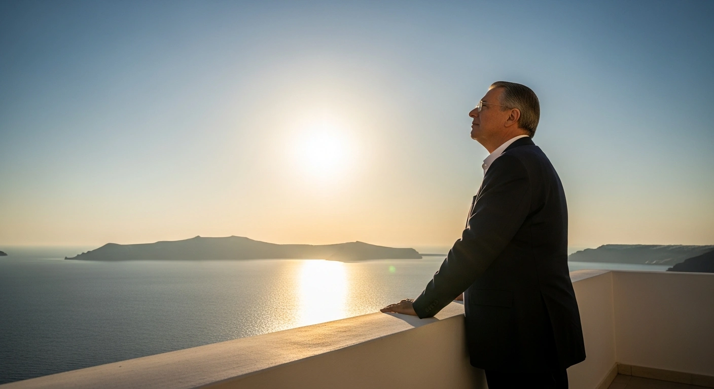 A figure, symbolizing Greece's Deputy Prime Minister Kostis Hatzidakis, stands on a sun-drenched balcony overlooking the Aegean Sea, gazing hopefully towards a bright horizon, representing the upcoming announcement of a minimum wage increase in Greece.