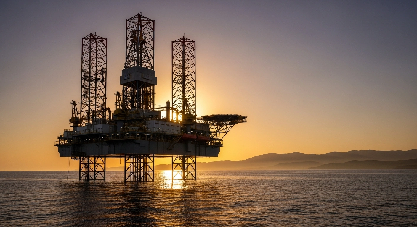 An offshore natural gas drilling rig stands prominently in the Ionian Sea at sunset, with the distant Greek coastline visible, symbolizing the landmark agreement for energy exploration by Greece, ExxonMobil, Energean, and HelleniQ Energy.