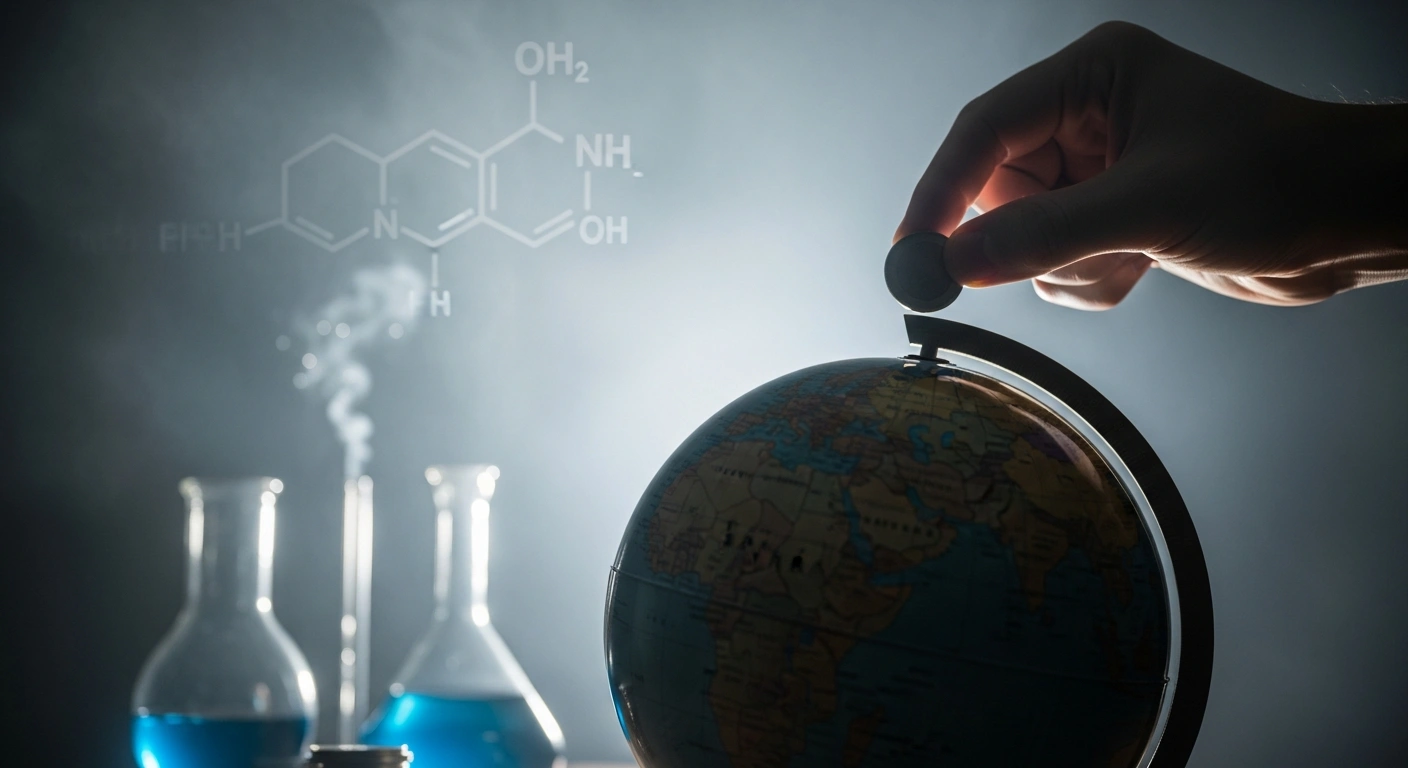 A dramatic, low-angle shot shows a single beam of light illuminating an antique globe, where a hand places a gleaming coin onto the Syria region, symbolizing Greece's €100,000 contribution to the OPCW Trust Fund for Syria Missions and its critical work investigating chemical weapons.