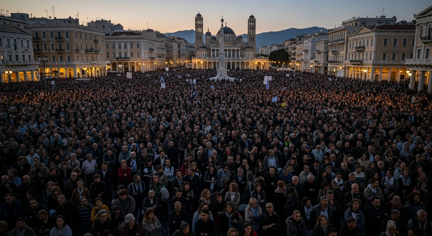 Thousands of people gather in a wide shot of a historic Greek city square at dusk, illuminated by soft ambient light and faint glows, demonstrating collective grief and determination for justice following the 2023 Tempi Valley train collision, which led to widespread transport disruption and claimed 57 lives.
