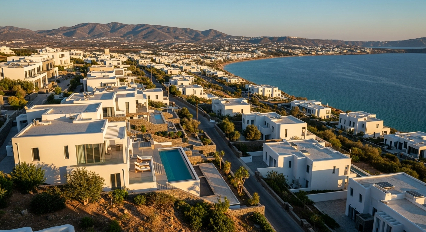 A scenic view of luxury Greek real estate overlooking the Aegean Sea represents the rising valuation of the property market in Greece.
