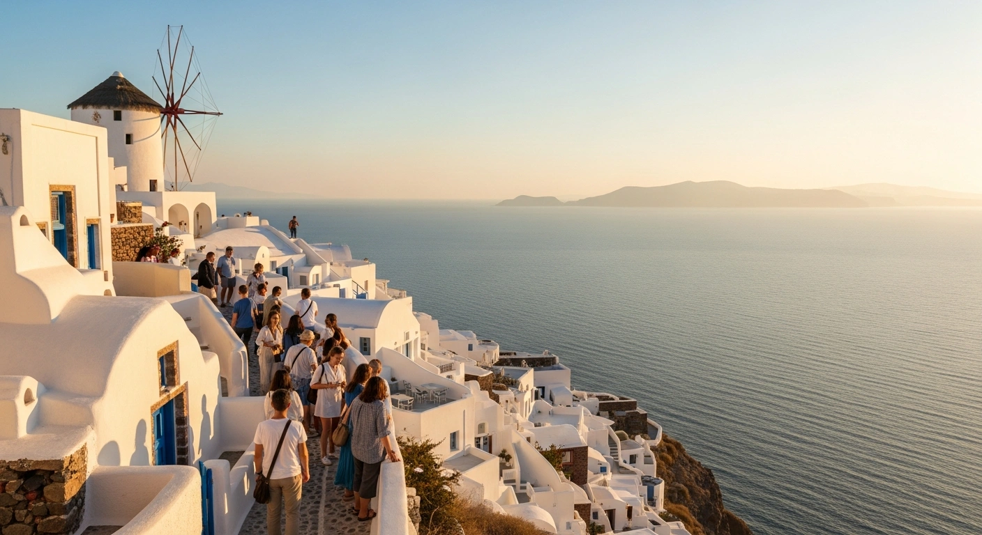 A wide, cinematic shot of a historic Greek island village at golden hour, featuring whitewashed buildings, ancient paths, and a diverse group of visitors admiring the tranquil Aegean Sea, symbolizing Greece's record-breaking year-round tourism performance and strategic focus on sustainability.