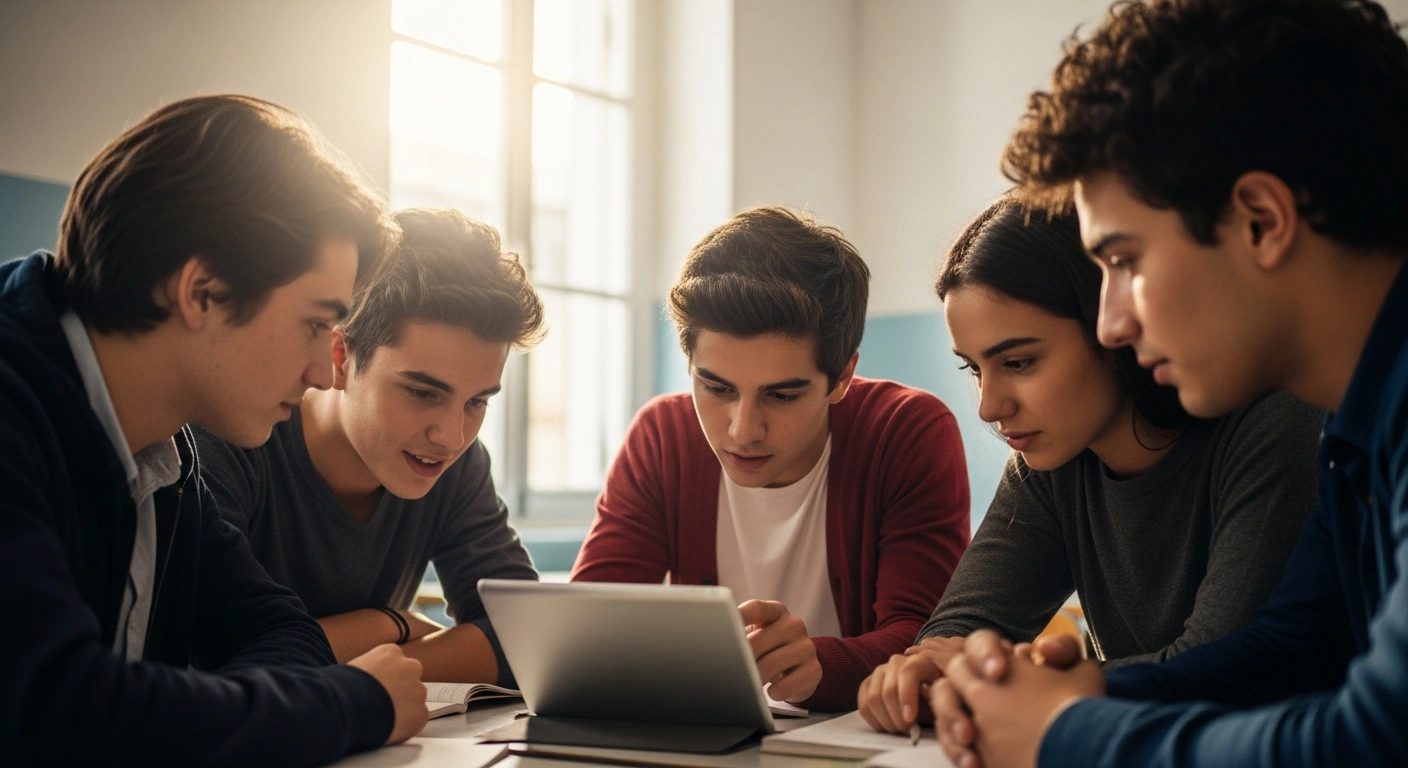 Students in a Greek classroom use digital design tools on a tablet to enhance their creative and digital skills.