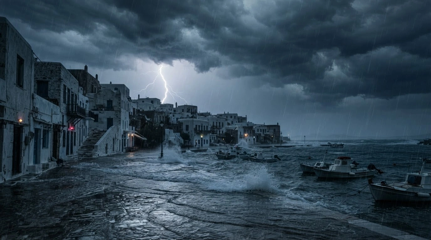 A severe storm with heavy rainfall and lightning strikes a coastal Greek town as authorities issue urgent weather warnings for potential flooding.