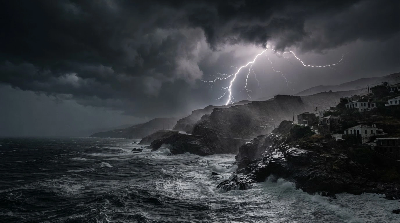 A dramatic storm with heavy rain and lightning strikes over the rugged coastline of Greece during a red alert weather event.