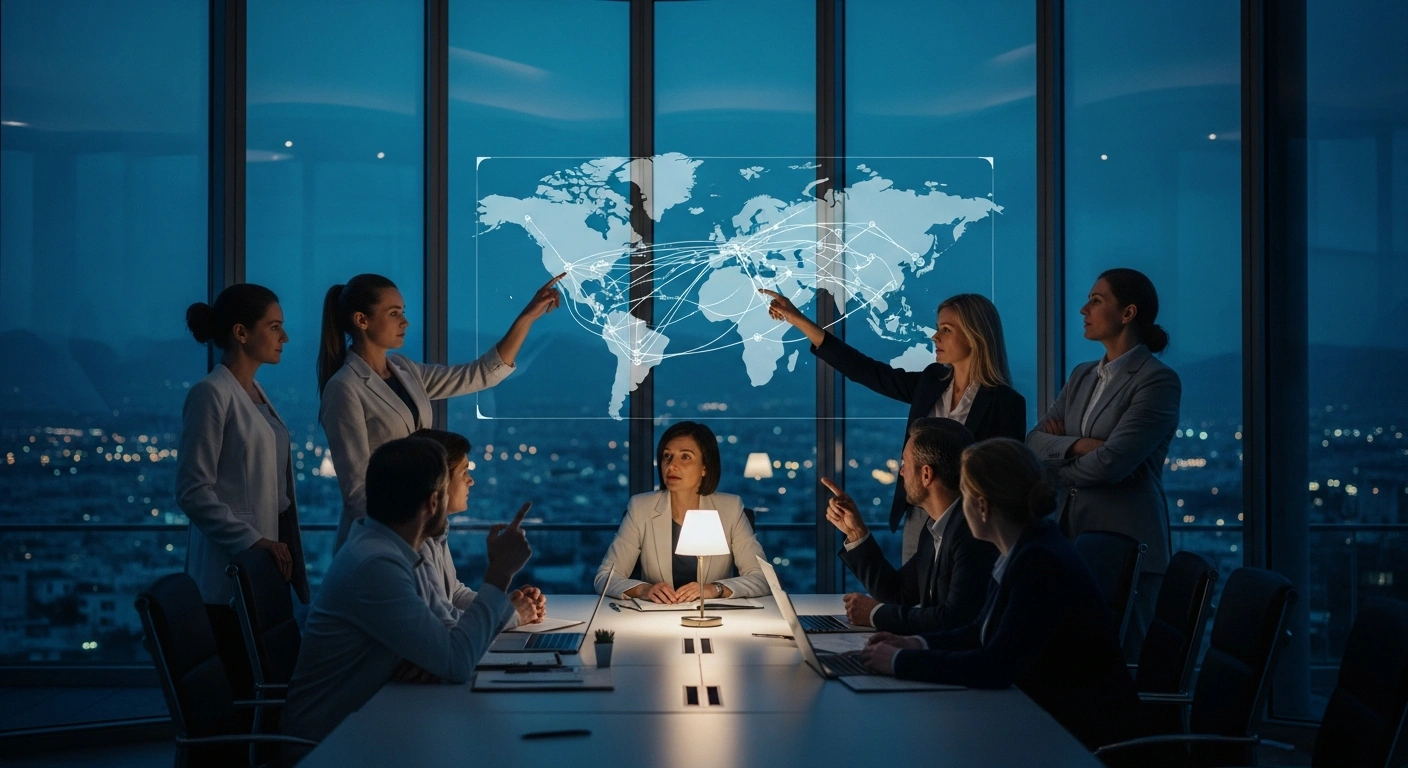 Maritime industry leaders gather in a modern conference room in Kifissia to discuss sustainable shipping and global geopolitical challenges.