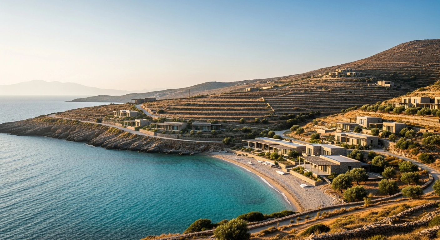 A scenic view of a sustainable Greek coastal development designed to balance tourism growth with environmental protection.