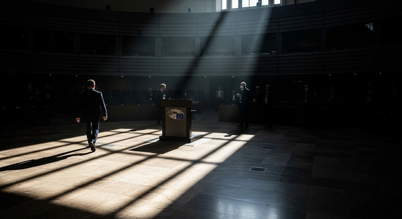 A lone figure, seen from behind, walks away from a cluster of silhouetted politicians gathered around an empty podium in a grand, dimly lit European parliamentary hall, visually representing the recent high-profile expulsions and internal turmoil within Greece's SYRIZA-Progressive Alliance.