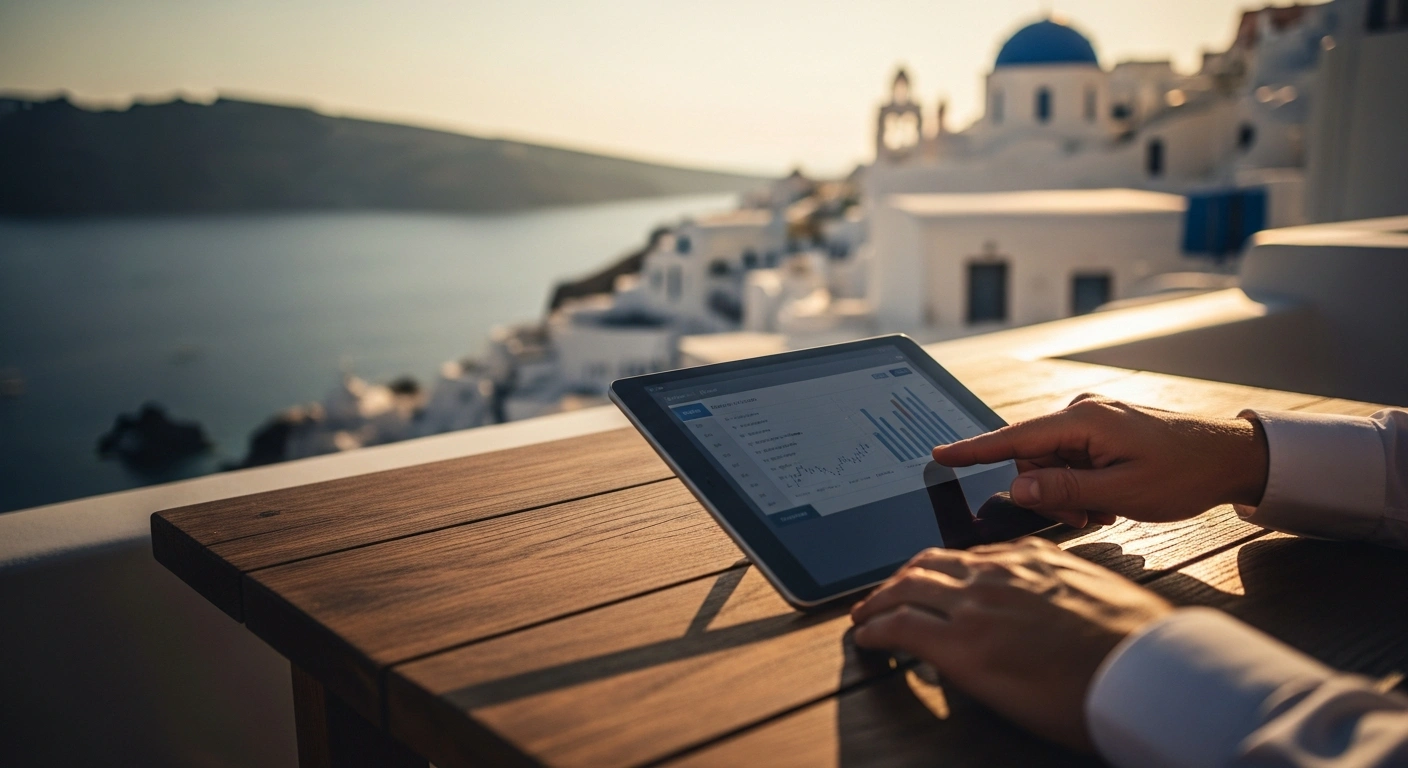 A Greek tax official uses a digital tablet to conduct a financial inspection at a busy tourist destination to uncover undeclared revenue.