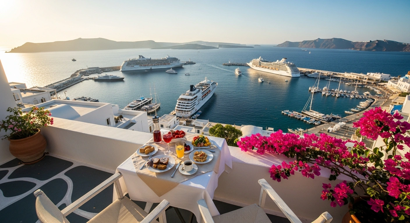 A sunny Mediterranean terrace overlooking a busy Greek harbor represents the significant growth in tourism revenue and international travel demand in Greece.