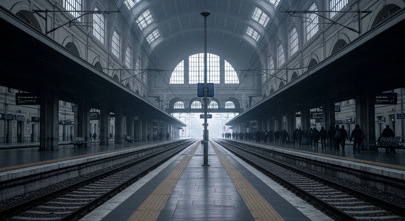 A wide, low-angle shot of a desolate Greek train station at dawn with empty platforms and tracks, while a distant line of figures marches in protest, symbolizing the nationwide transport strike on February 28, 2026, demanding justice and improved safety after the Tempi train disaster.