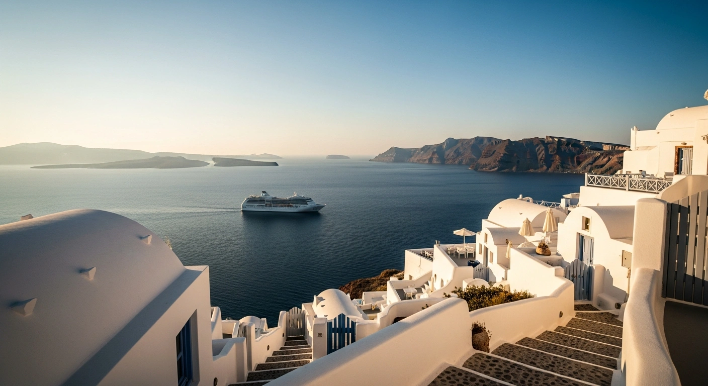 A peaceful view of a sunlit Greek island village overlooking the Aegean Sea, representing stable travel conditions for British tourists.