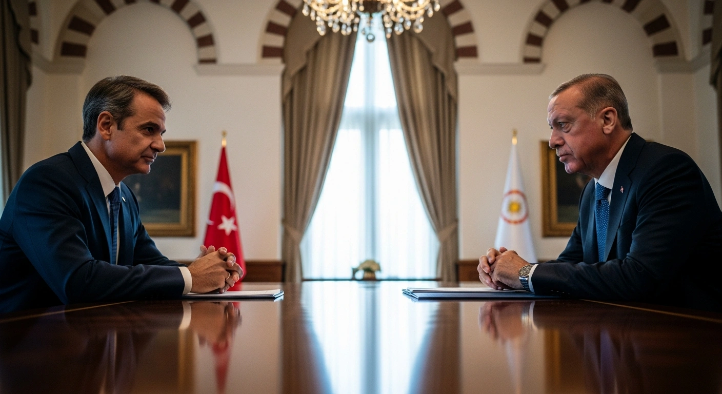 Greek Prime Minister Kyriakos Mitsotakis and Turkish President Recep Tayyip Erdogan are depicted in a formal meeting room in Ankara, engaged in serious discussion during the High-Level Cooperation Council meeting, aiming to enhance bilateral relations and discuss regional issues.