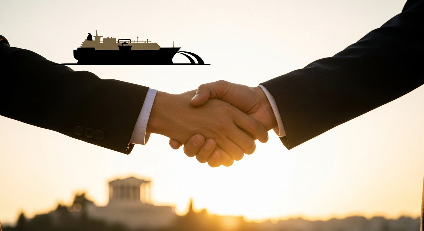 Two representatives, symbolizing Greece and Ukraine, shake hands against a backdrop suggesting energy infrastructure and the Athenian skyline, representing their agreement for US liquefied natural gas supply to strengthen Ukraine's energy security.