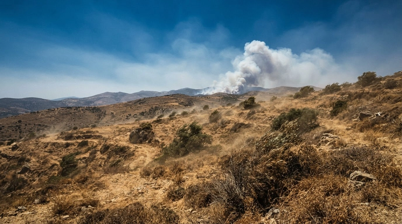 A dry, wind-swept landscape in Greece shows signs of extreme wildfire risk under intense heat and volatile weather conditions.