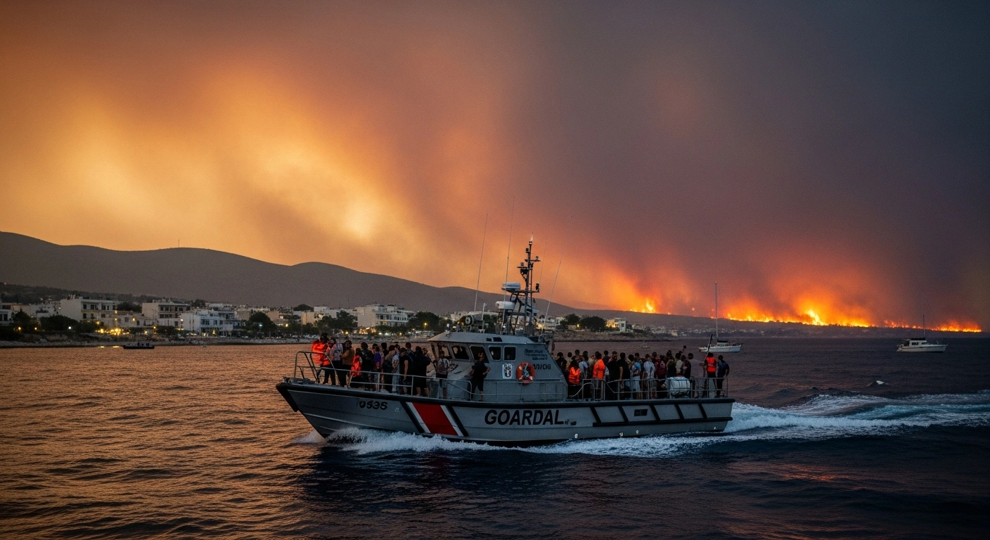 Coast guard vessels evacuate residents and tourists from the Greek coastal settlement of Agios Vasileios as wildfires burn along the shoreline.