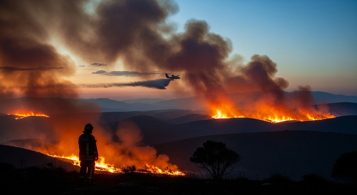 A firefighter stands near a wildfire in Greece as smoke fills the sky during an emergency evacuation effort.