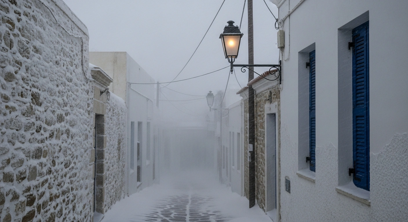 A desolate, snow-covered cobblestone street in a traditional Greek village during a severe winter storm, with heavy snow falling horizontally and a single streetlamp illuminating a whitewashed building with closed blue shutters, reflecting the red alert conditions in Greece.