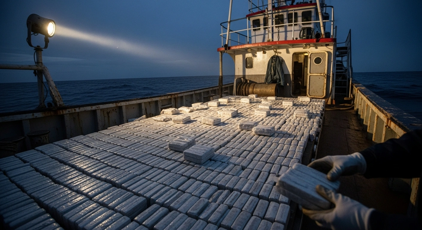 A low-angle shot of a weathered fishing vessel's deck at dawn, piled high with meticulously wrapped bales of seized cocaine, illuminated by a harsh searchlight, as a gloved hand inspects a package, depicting the disruption of a major cocaine trafficking network by Greek law enforcement in the Atlantic.