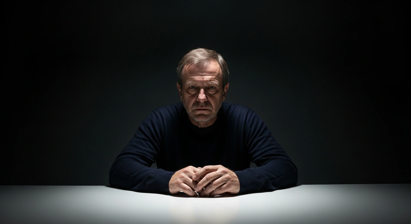 A solitary, middle-aged man with a weary and resigned expression sits at a stark, polished table in a dimly lit, austere room, under a harsh overhead light that casts dramatic shadows, conveying the gravity of a confession related to spying for a Chinese intelligence network and passing classified information, including details on Patriot systems.