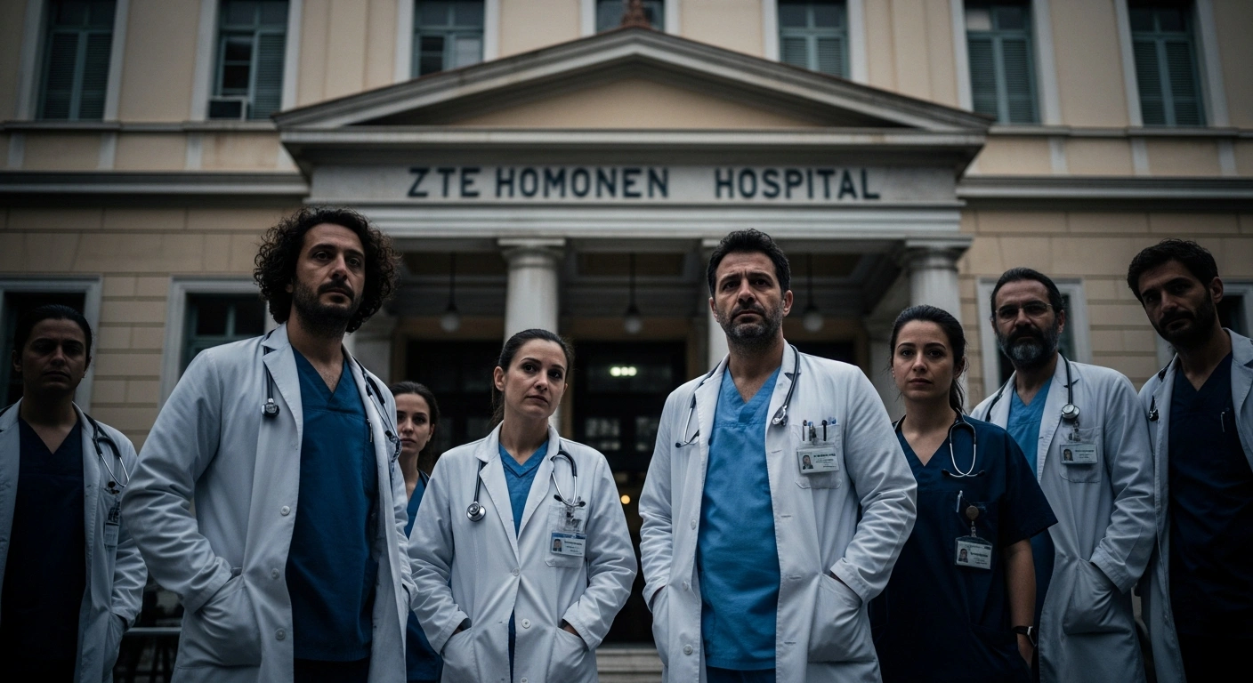 Greek public hospital doctors stand in front of a medical facility to protest against low wages and understaffing during a nationwide strike.