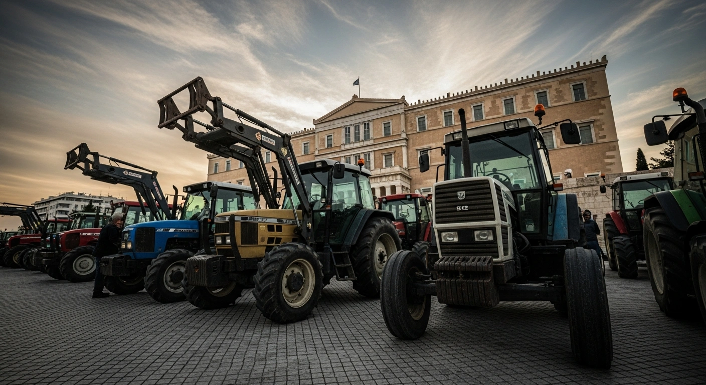 Greek farmers gather with their tractors in Syntagma Square during a large protest in front of the parliament building in Athens.