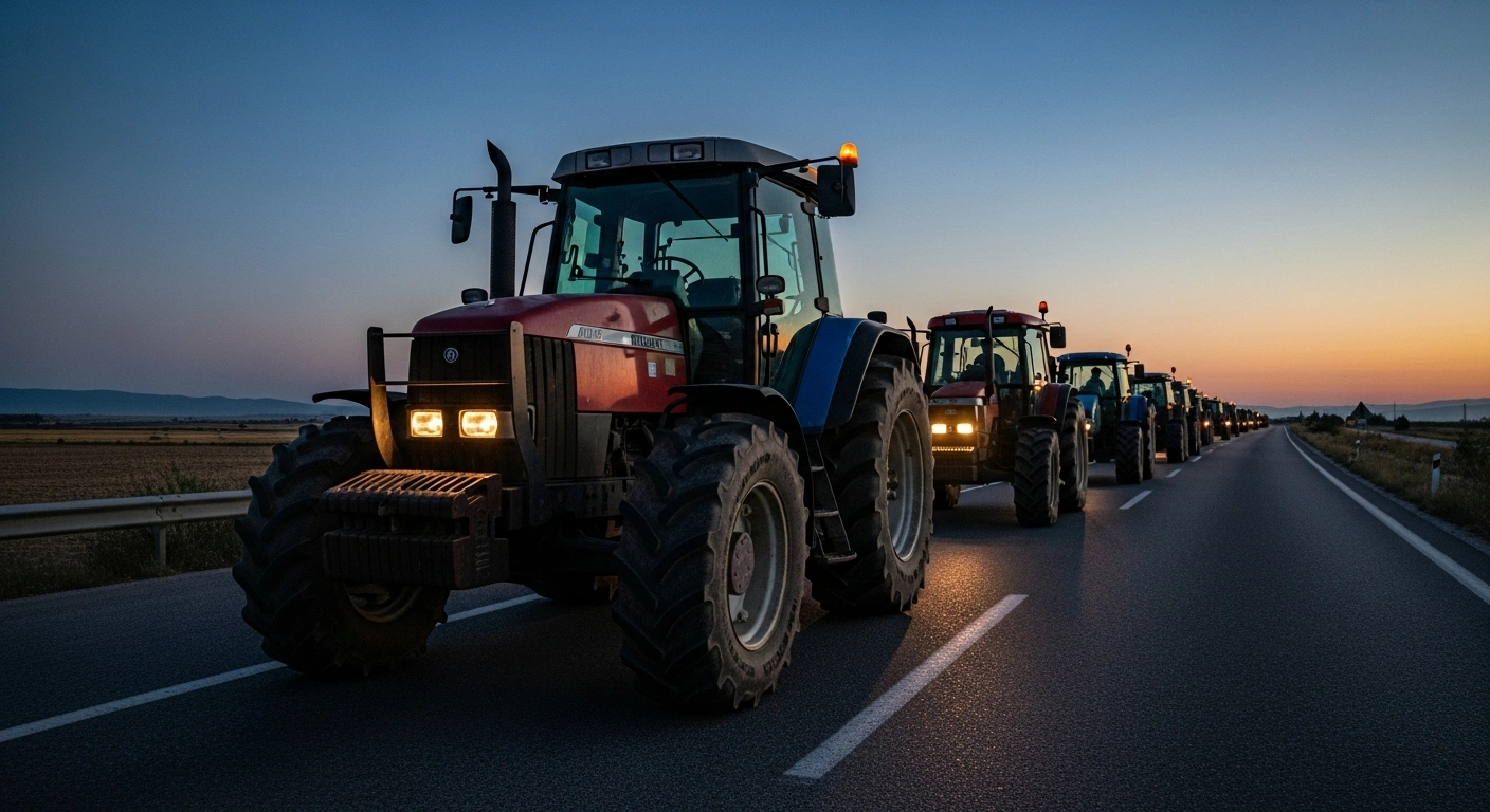 A line of tractors driven by Greek farmers blocks a highway at dawn, symbolizing their intensified protests and planned shutdowns over production costs and trade deals.