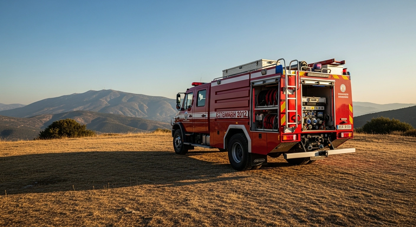 A modern firefighting vehicle donated by the Greek Orthodox Archdiocese of America stands ready for service at the Penteli Volunteer Fire Unit in Greece.
