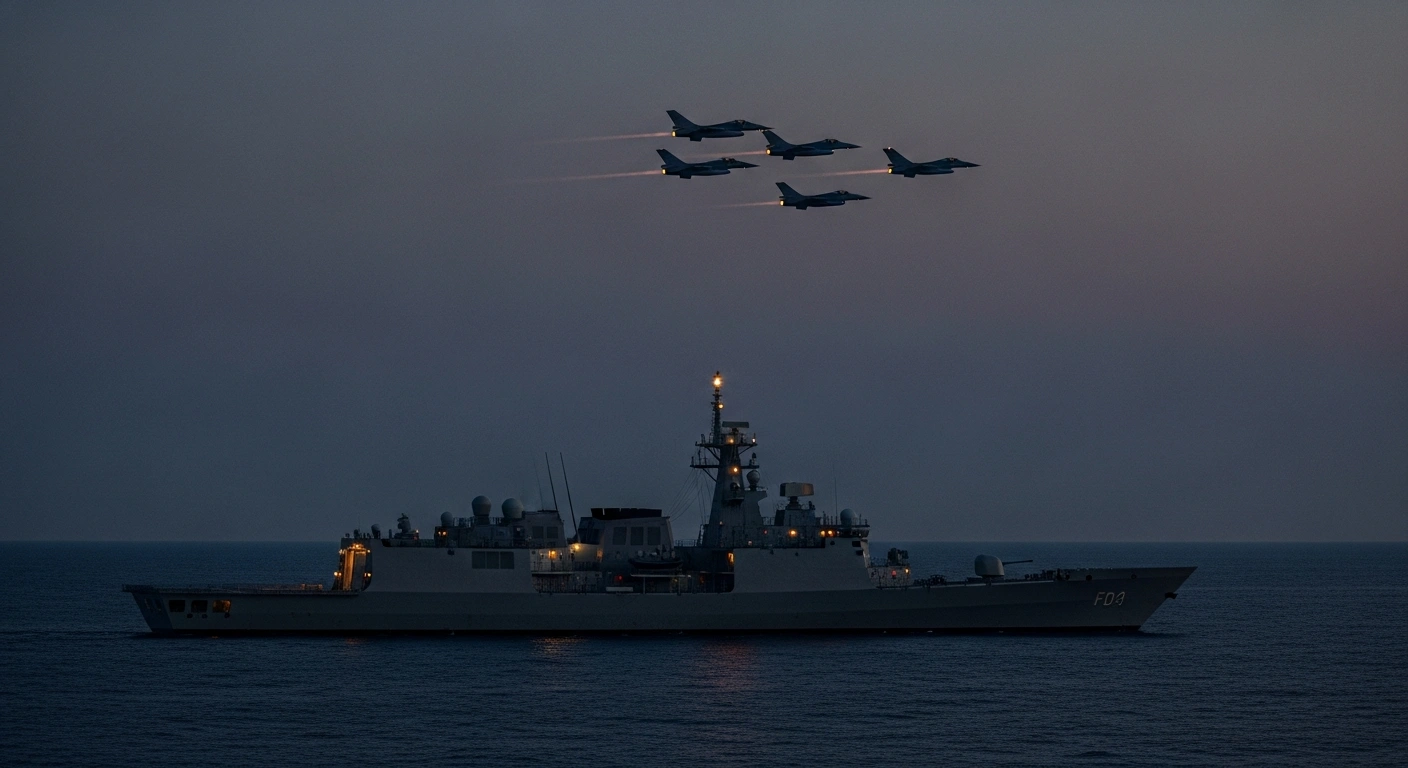 A Greek FDI HN frigate, accompanied by four F-16 fighter jets, navigates the Eastern Mediterranean Sea at dusk, representing Greece's military deployment to Cyprus.