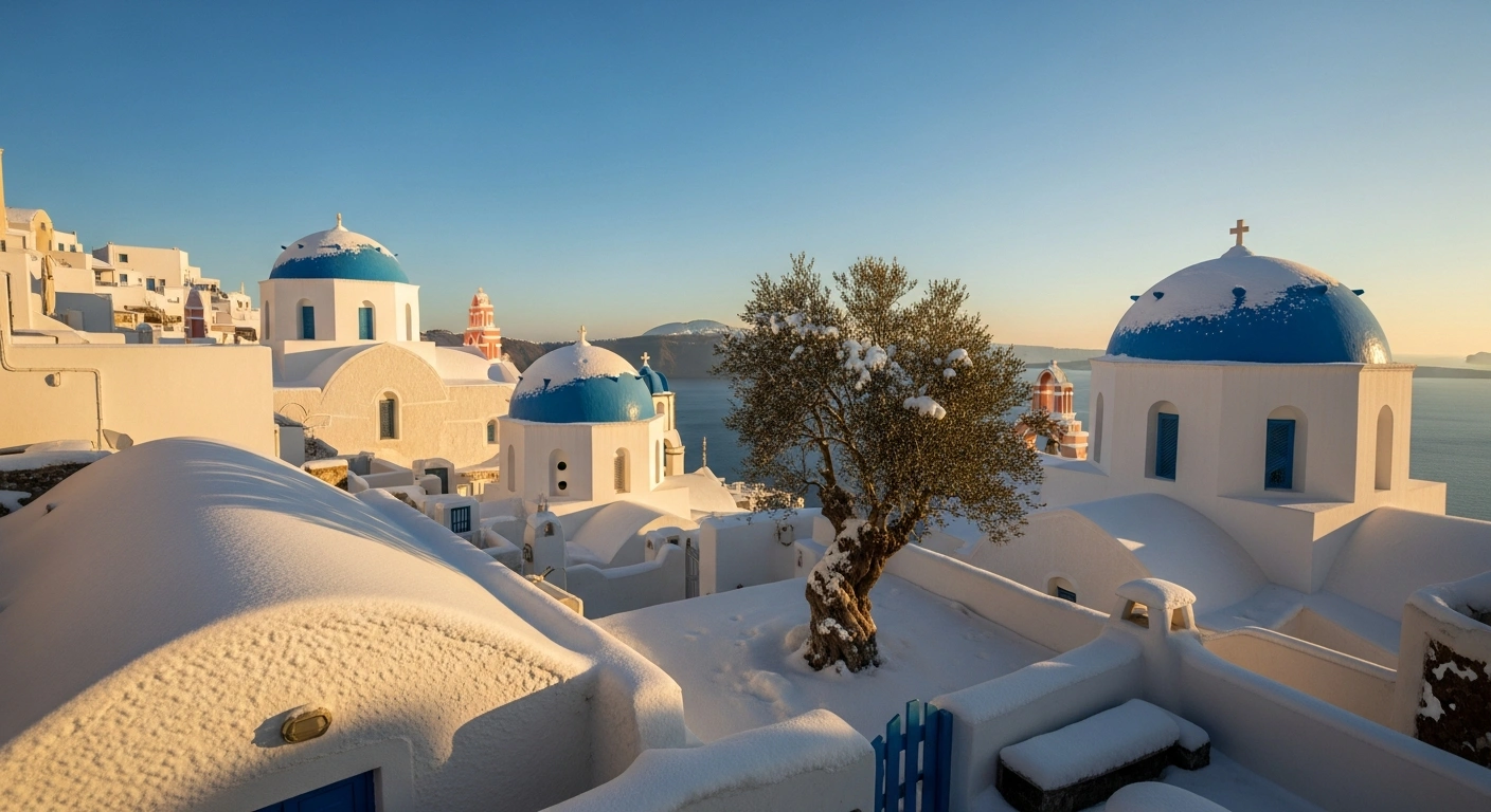 A rare winter scene on a Greek island, depicting whitewashed Cycladic buildings and a snow-covered olive tree under a golden morning sun, with the Aegean Sea visible in the background, illustrating the unusual snowfall on New Year's Day 2026.
