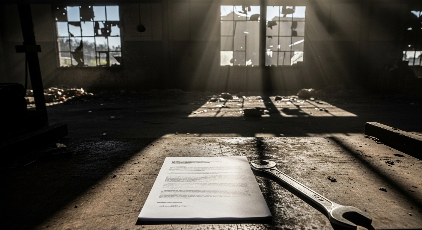 A partially collapsed industrial building with a pristine government report on a workbench, symbolizing the dispute between the Greek government and unions over labor safety failures following the Violanta cookie factory explosion in Trikala.