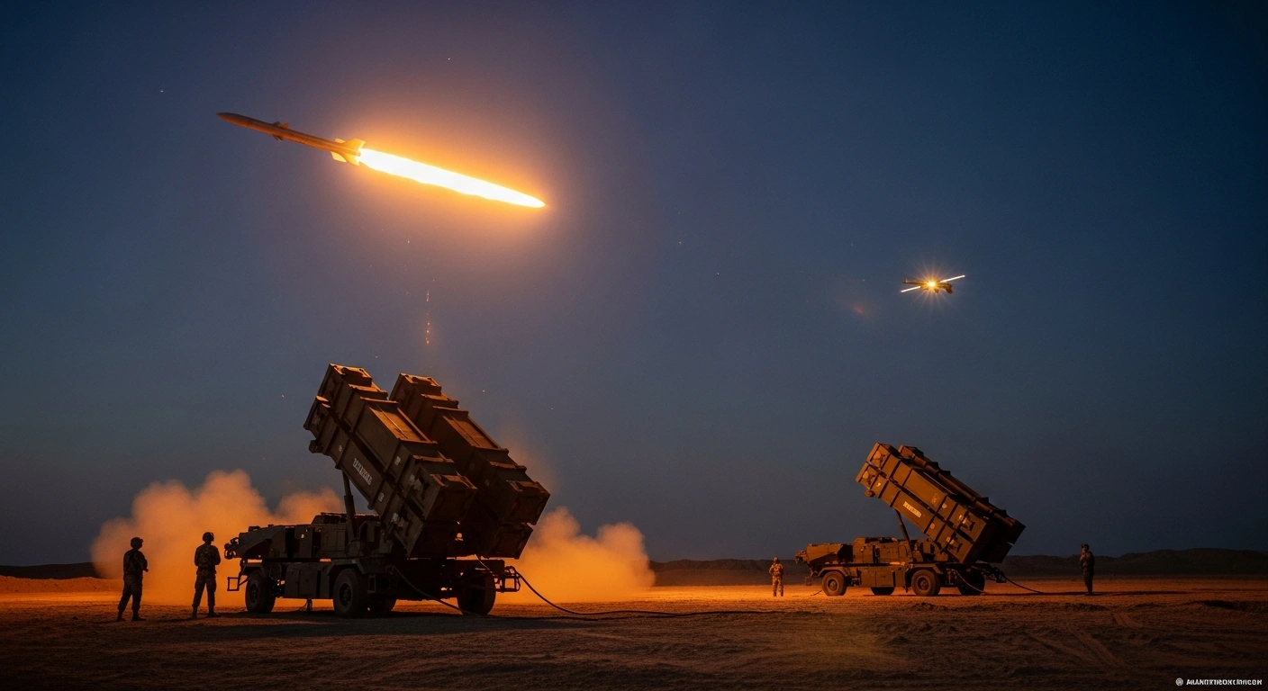 A Greek military Patriot air defense system launches an interceptor missile to destroy an armed drone over the Saudi Arabian desert.