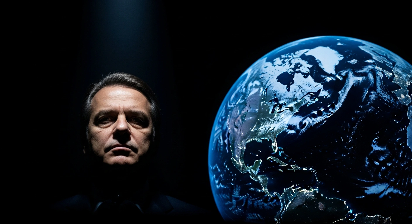 Greek Prime Minister Kyriakos Mitsotakis stands under a spotlight, his serious expression illuminated, with a holographic globe showing Greenland and the North Atlantic in the background, symbolizing his warning about catastrophic changes to Greenland's status and rising transatlantic tensions challenging NATO.