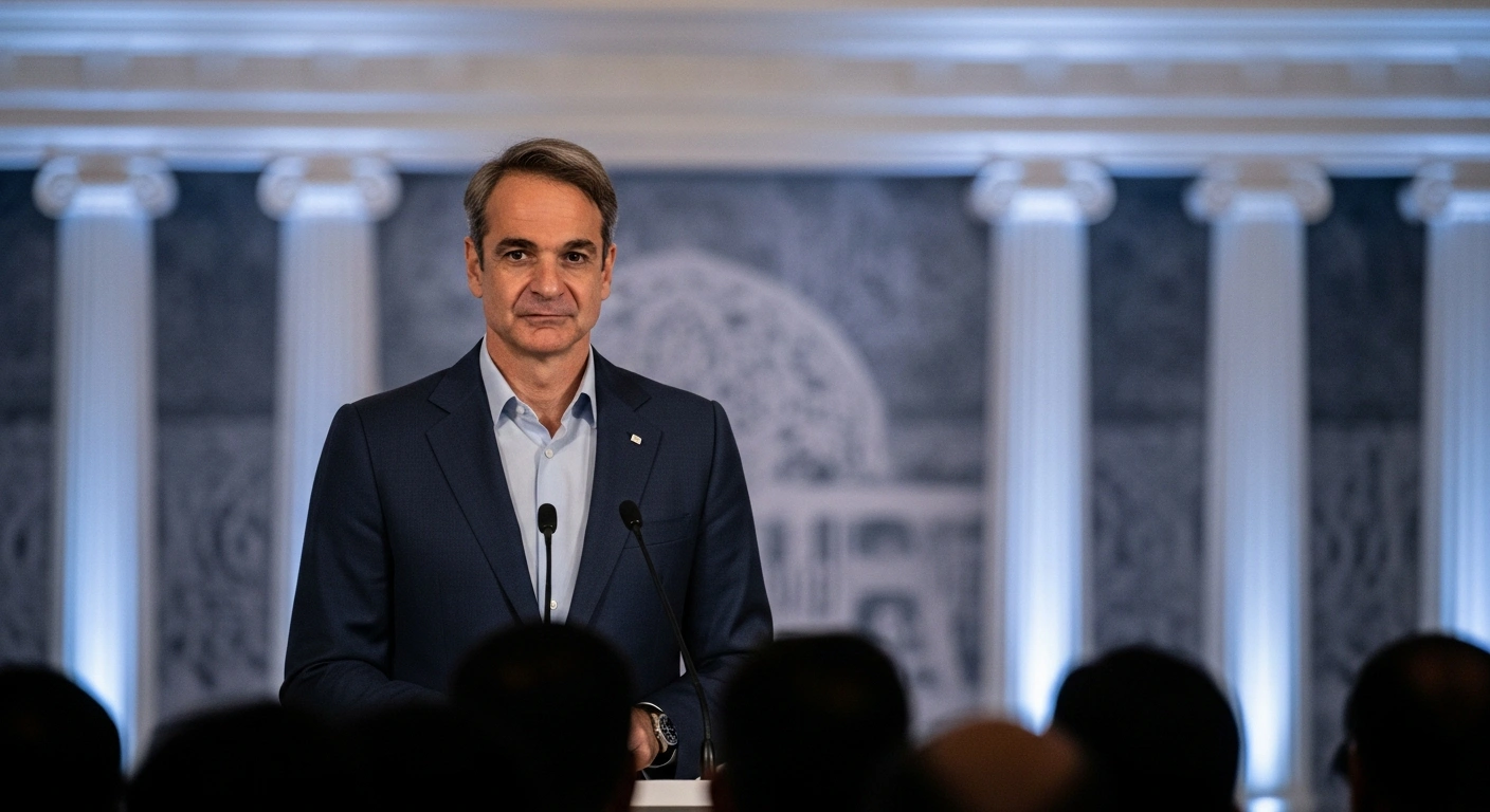 Greek Prime Minister Kyriakos Mitsotakis stands confidently on a stage, with a backdrop featuring a blend of Greek and Indian architectural elements, symbolizing Greece's role as a bridge in global AI discussions and its strengthened bilateral ties with India at the India AI Impact Summit in New Delhi.