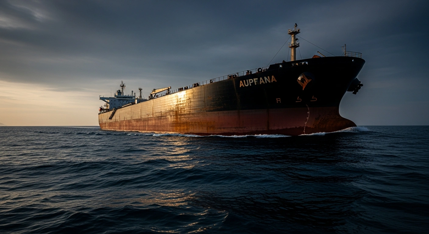 A large oil tanker sails through dark, choppy waters representing the maritime industry and international shipping regulations.