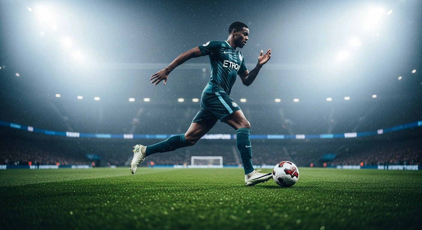A professional soccer player competes in a high-stakes Greek Super League match under stadium lights during the 2026 season.