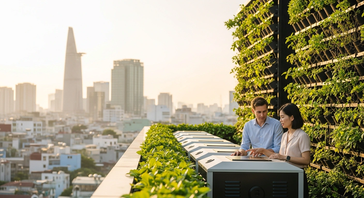A Danish expert and a Vietnamese partner collaborate on a sustainable composting project in a lush urban garden in Ho Chi Minh City.