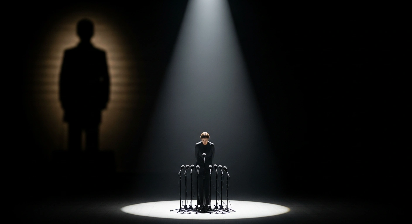 A lone female figure, representing US Representative Marjorie Taylor Greene, stands under a harsh, overhead spotlight with her head slightly bowed, facing an unseen audience, symbolizing her public apology for 'toxic politics' following a dispute with former President Donald Trump.