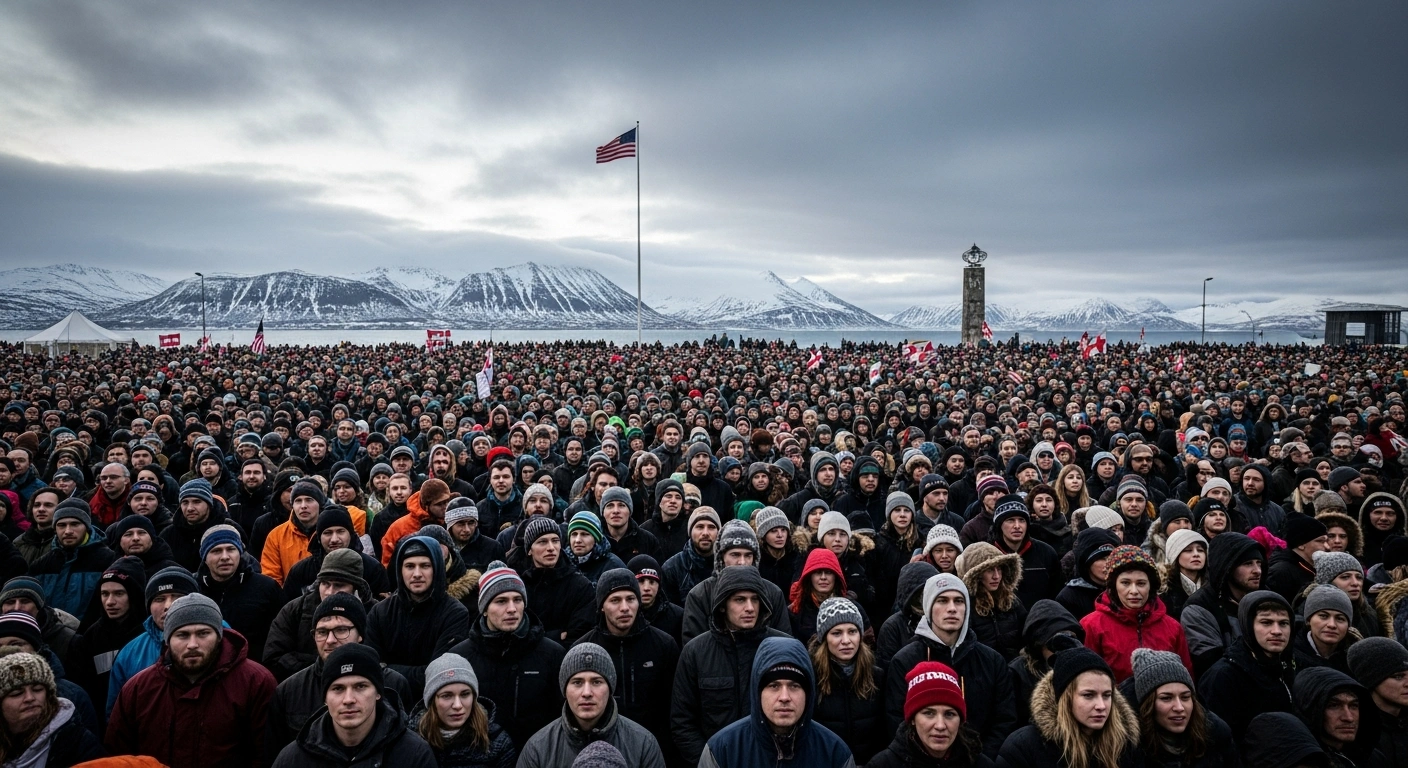 Thousands of protesters demonstrate in a cold, windswept square in Greenland or Denmark, expressing defiance against potential US annexation and asserting the autonomous territory's right to self-determination.