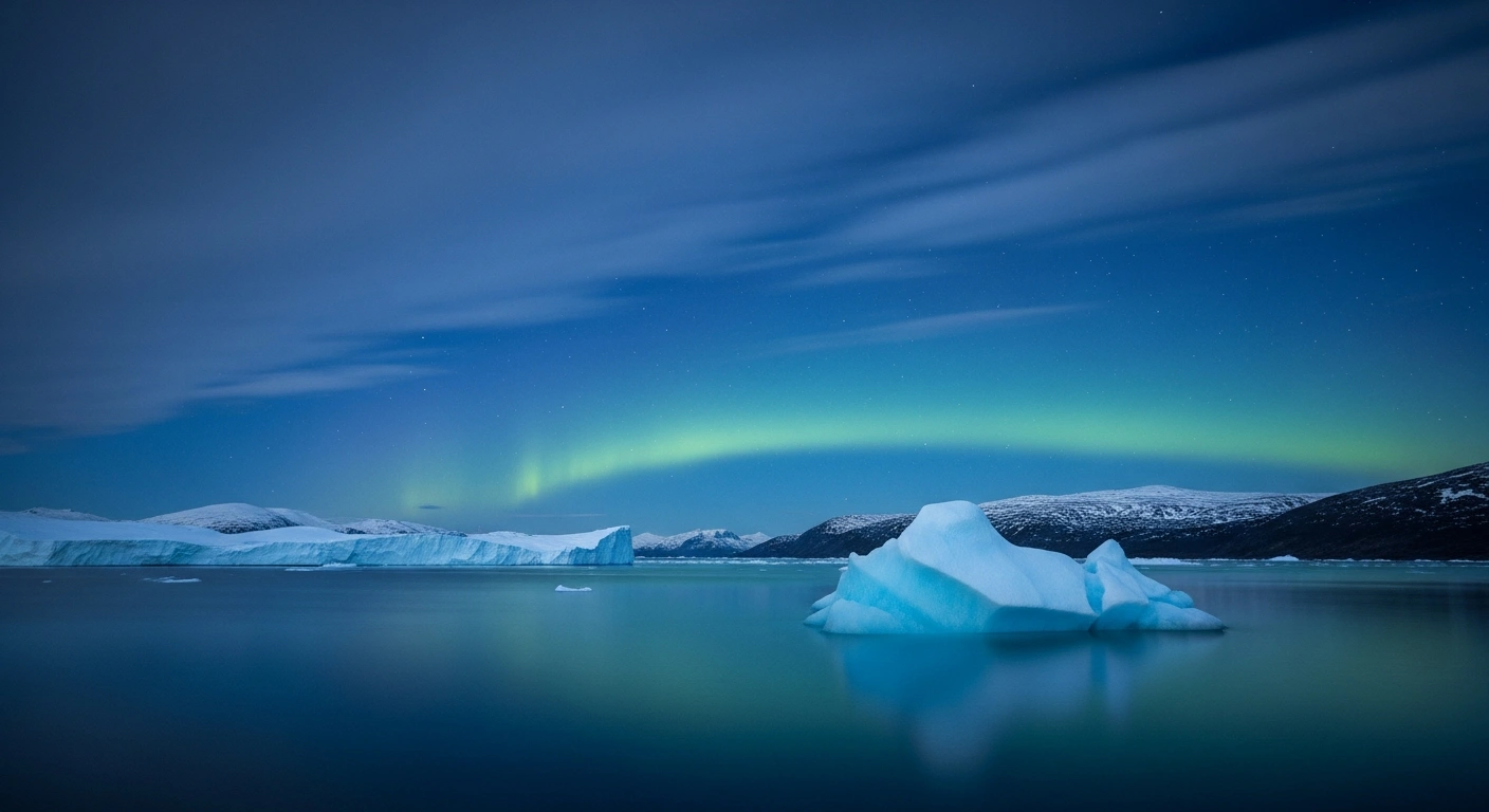 A wide, low-angle shot captures the majestic, icy fjords of Greenland at twilight, with a subtle aurora borealis in the distance, and a lone iceberg reflecting cool light in the foreground, symbolizing the nation's territorial integrity amidst international geopolitical tensions.