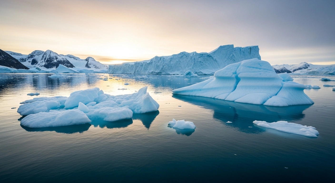 A wide, cinematic view of a Greenlandic fjord in January features open, dark blue water reflecting a pale sky, with large icebergs visibly melting, illustrating the unprecedented record warmth on Greenland's west coast and the significant impacts of climate change on the Arctic region.
